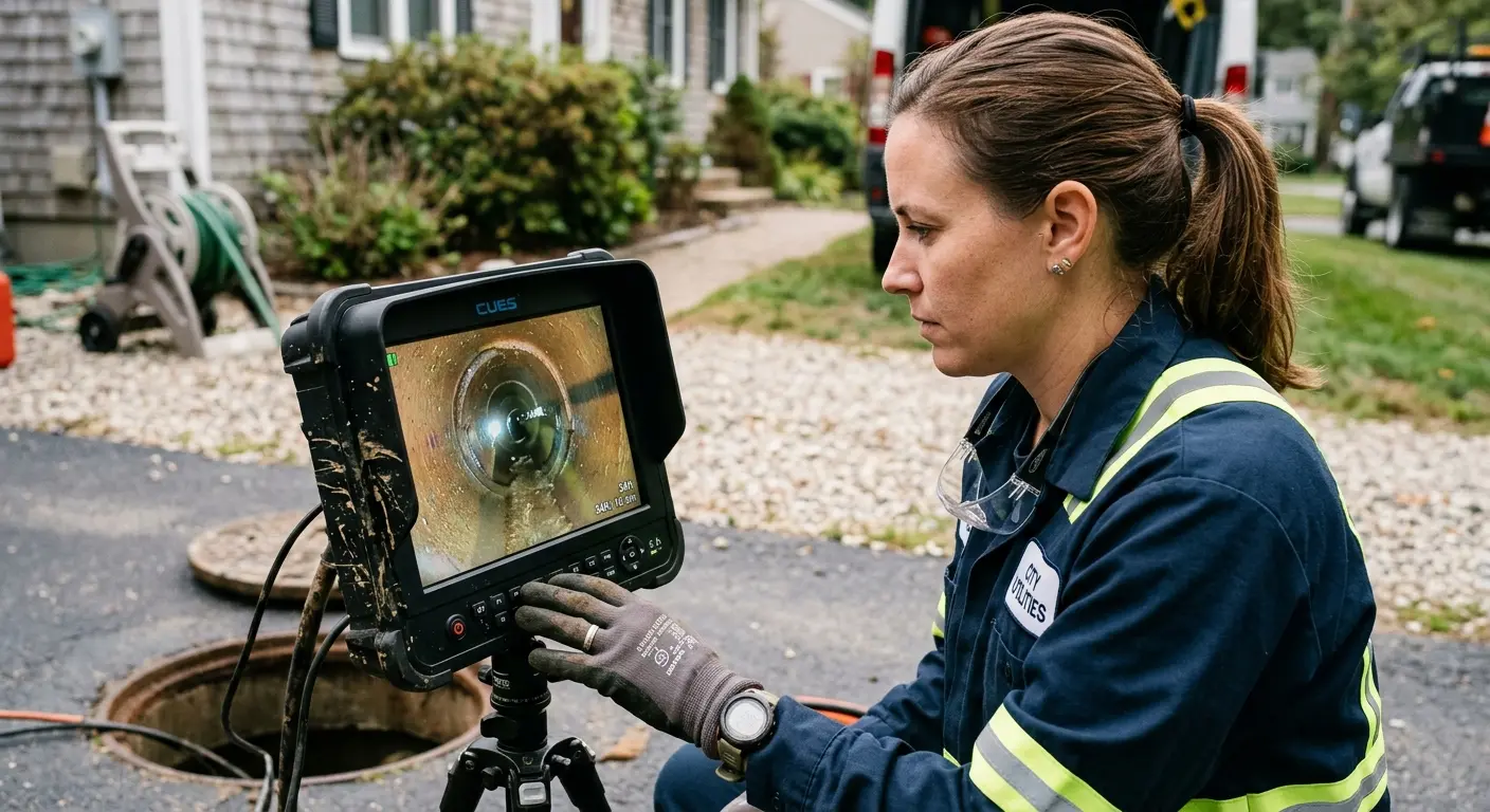 Technician reviewing sewer camera inspection footage in Hawthorn Woods