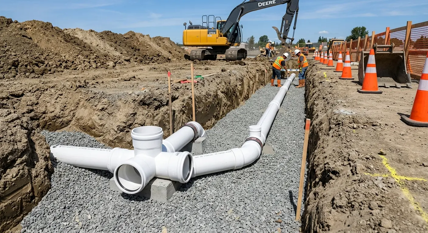 New PVC sewer pipe installation in open trench for Sewer Backup in Hawthorn Woods