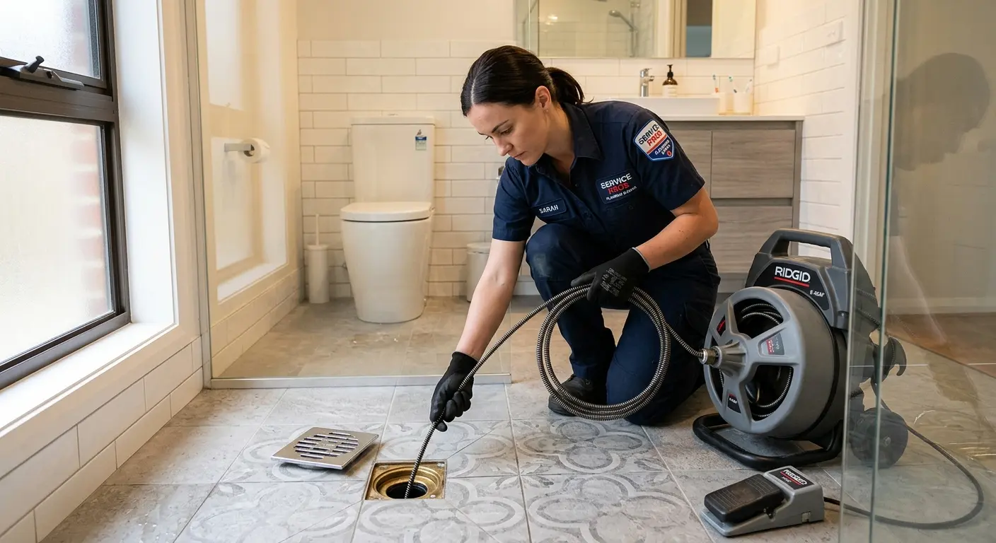 Technician clearing a bathroom floor drain for Hydro Jetting in Hawthorn Woods